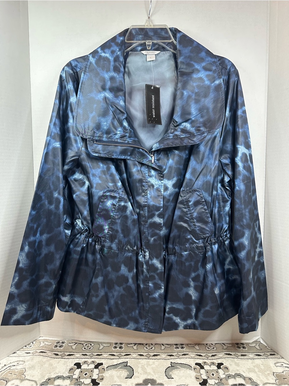Christopher & Banks Blue Satin Animal-Print Trench Coat, size L, NWT